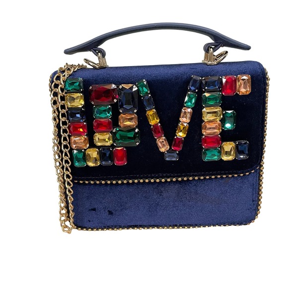 LOVE Gemstone Bag Top Handle Convertible Shoulder Chain Strap Velvet Blue